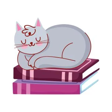 Cat sleeping on stack of books, book day Stock Illustration