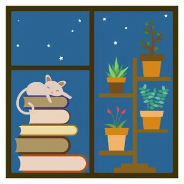 Cat sleeping on a stack of books on the window. Stock Illustration