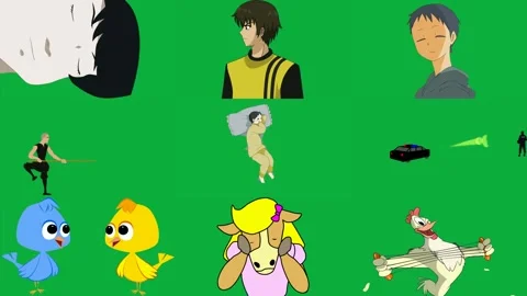 Cat sleeping top green screen man black yellow shirt looks at anime. Stock Footage 310562710