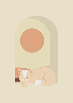 Cat sleeping on the window illustration. Cat life concept, vector 2d illust.. Stock Illustration