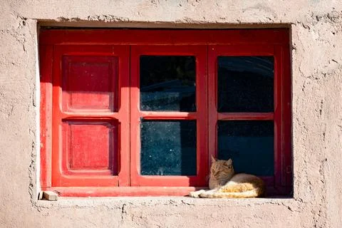 A cat is sleeping on a window in a red frame, of an old house. Stock Photos