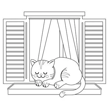 Cat sleeping on a window sill. Vector black and white coloring page Stock Illustration