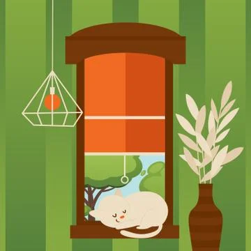 Cat sleeping on windowsill, vector illustration. Flat style cartoon scene with Stock Illustration
