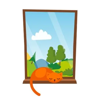 Cat Sleepping On The Window Vector. Isolated Illustration Stock Illustration