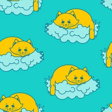 Cat sleeps on cloud pattern. Soft fluffy pet and cloud seamless background Stock Illustration