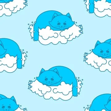 Cat sleeps on cloud pattern. Soft fluffy pet and cloud seamless background Stock Illustration