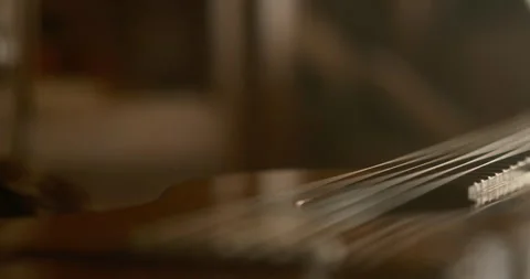 Cat sleeps peacefully, curled up on soft fabric of bed beside the guitar 스톡 동영상 332914967