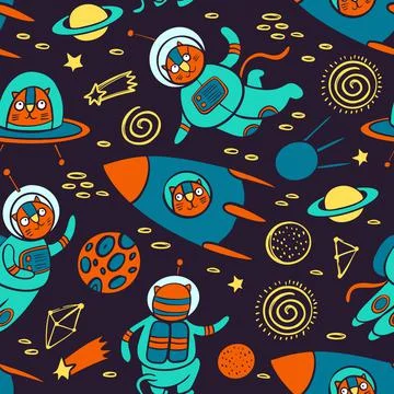 CAT SPACE PATTERN Cute Traveling Animal Background Vector Stock Illustration