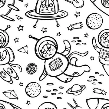 CAT SPACE PATTERN MONOCHROME Cute Traveling Animal Vector Stock Illustration