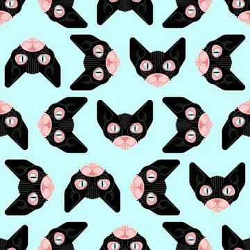 Cat Sphynx BDSM pattern seamless. Pet in Latex Mask background. Adult Ornamen Stock Illustration