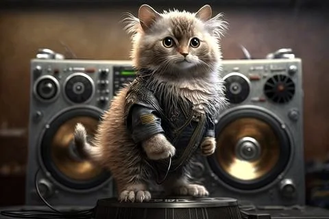 A cat is standing on a speaker with a jacket on it's back legs cute and fun.. Stock Illustration