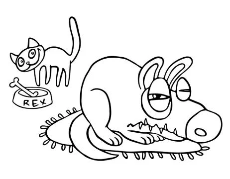The cat steals food while the angry dog sleeps. Isolated vector illustration. Stock Illustration