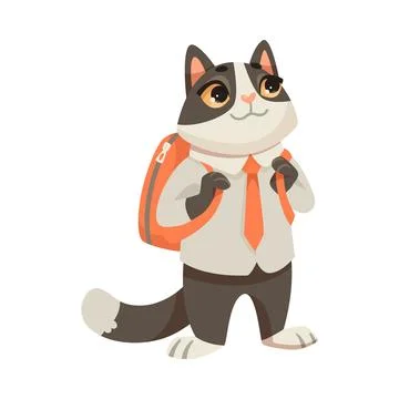Cat Student Standing with Backpack Studying at School Vector Illustration Stock Illustration