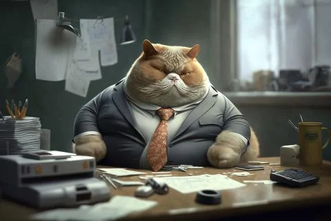 A cat in a suit sitting at a desk with a computer and a calculator cgstudio.. Stock Illustration