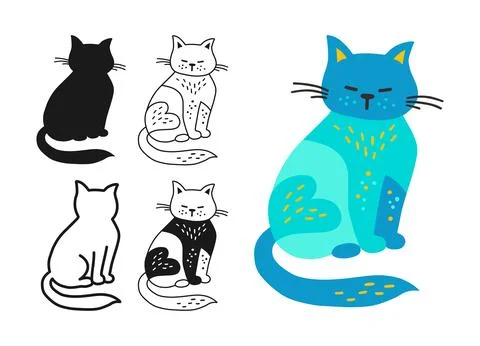 Cat symbol cartoon set comic kitten linear icon simple funny pet animal sign for Stock Illustration