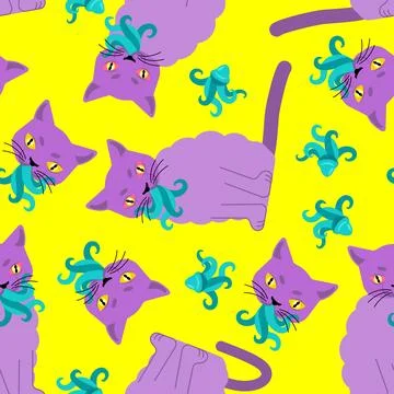 Cat with tentacles in mouth pattern seamless. Pet galactic animal backgroun.. Stock Illustration