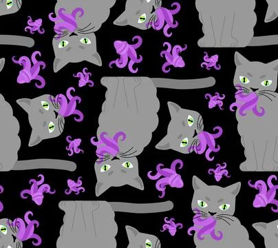 Cat with tentacles in mouth pattern seamless. Pet galactic animal backgroun.. Stock Illustration