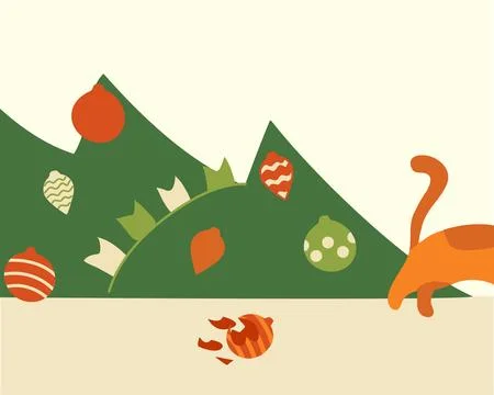 Cat threw tree and broke ball. Christmas tree decoration. Red kitten ran away Stock Illustration