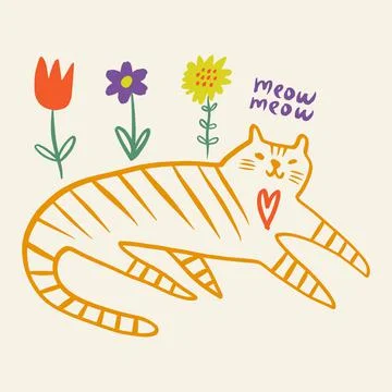 Cat tiger and flowers cool trendy doodle boho cartoon handdrawn print Stock Illustration