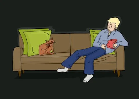 Cat with Tired Man Sleeping Ilustración de archivo