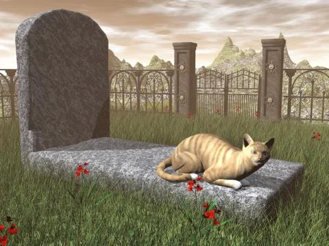 Cat on a tombstone - 3D render Stock Illustration