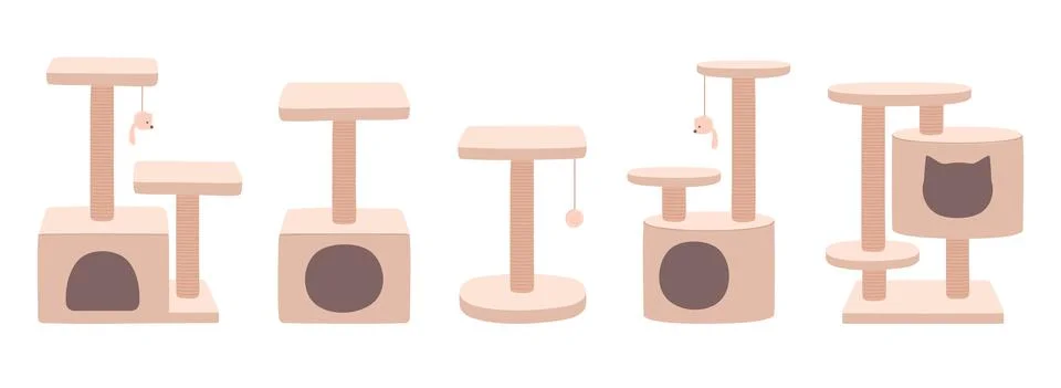 Cat towers and scratching posts. Luxury animal houses beige color. Cat tree with Stock Illustration