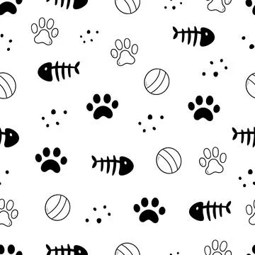 Cat toy, fooprint pattern seamless. Hand drawn sketch doodle kitty cute element Ilustración de archivo