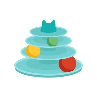 Cat toy. Tree level tower with balls. Tracks. Flat, cartoon, vector Stock Illustration