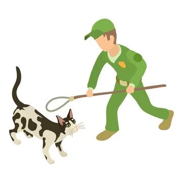 Cat trapping icon isometric vector. Man with noose for trapping domestic animal Stock Illustration