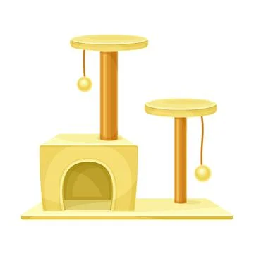 Cat tree house with scratching post and hanging ball. Pet animals supply vector Stock Illustration