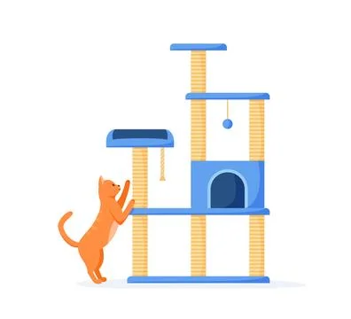 Cat tree with scratching posts and toys. Cute red cat sharpens claws on cat Stock Illustration