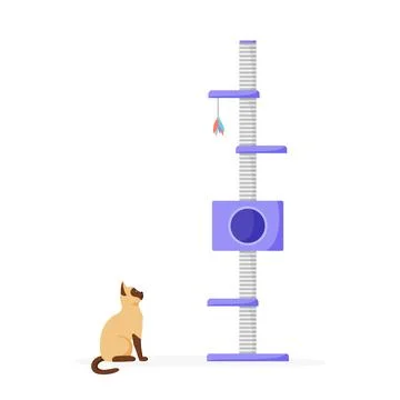 Cat tree with scratching posts. Siamese cat sharpens claws on cat tower. Cat Stock Illustration