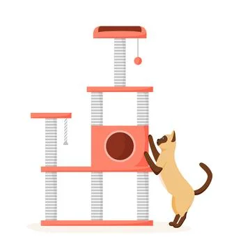 Cat tree with scratching posts. Siamese cat sharpens claws on cat tower. Cat Stock Illustration