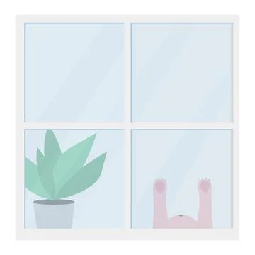 Cat trying to reach the window. Flat vector illustration. Stock Illustration