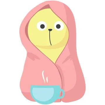 Cat under blanket with coffee cup vector icon Stock Illustration