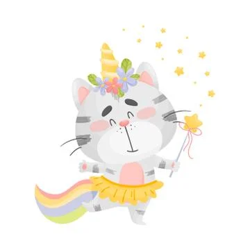 Cat unicorn with a magic wand. Vector illustration on a white background. Stock Illustration