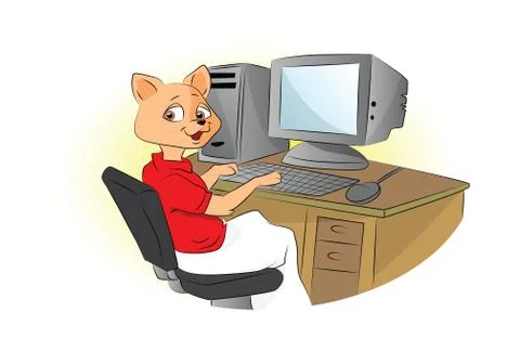 Cat Using a Computer, illustration Illustrazione stock