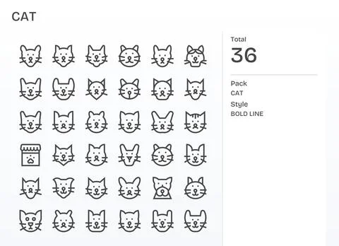 Cat Vector Icon Toolkit featuring 36 Detail Enhanced High Resolution Bold L.. Stock Illustration