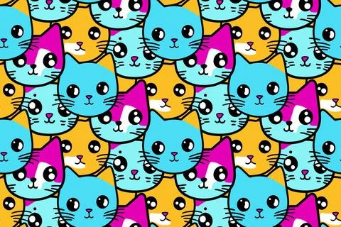 Cat vector pattern with cat faces. Seamless print illustration for children. Stock Illustration