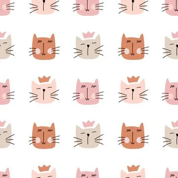Cat vector Seamless pattern with hand drawn painted cat faces. Scandinavian Stock Illustration