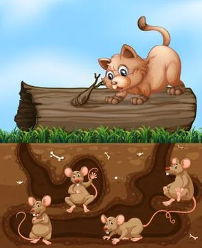 A cat waiting for rat at hole Stock Illustration