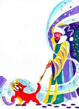 Cat walks with the snow Queen Stock Photos