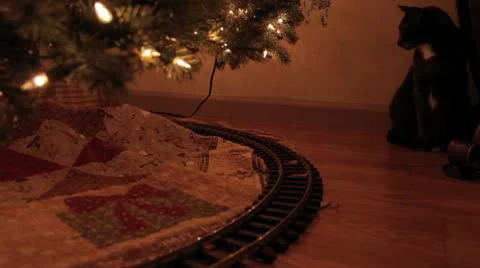 Cat Watching a Vintage Model Train Around a Christmas Tree. 库存影片 9273740