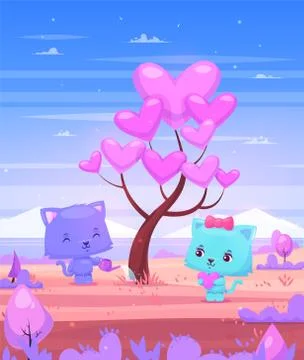 Cat watering a tree on which grow heart Stock Illustration