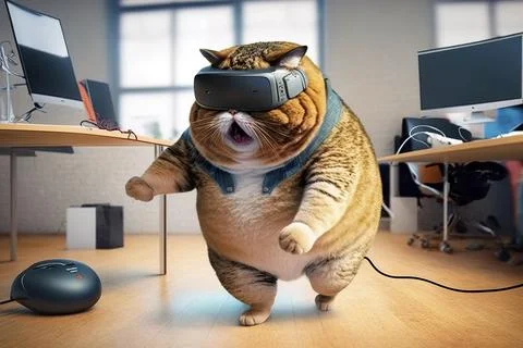 A cat wearing a virtual reality headset running across a desk with a comput.. Stock Illustration