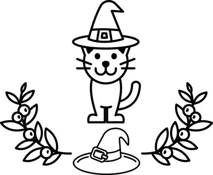 A cat wearing a witch's hat is standing in front of a wreath Stock Illustration