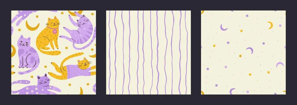Cat Whimsical Seamless Pattern Set With Stars Moon And Wavy Lines Cute Vector Stock Illustration