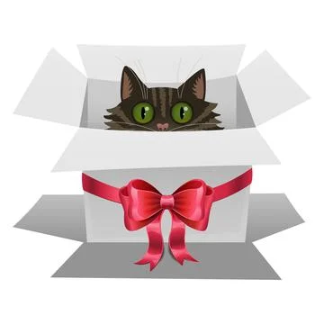 Cat in a white gift box with red bow. Kitten is looking out of a box. Vector Stock Illustration