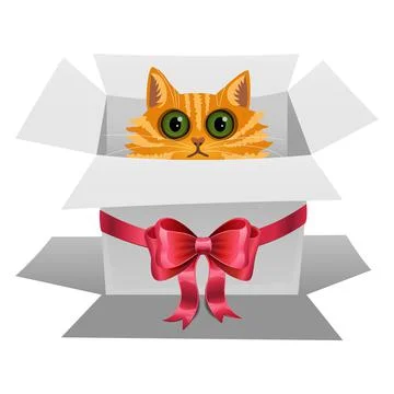 Cat in a white gift box with red bow. Kitten is looking out of a box. Vector Stock Illustration