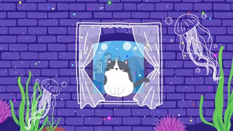 Cat Window Ocean Cartoon Animation Background Video Stock Footage 301360839